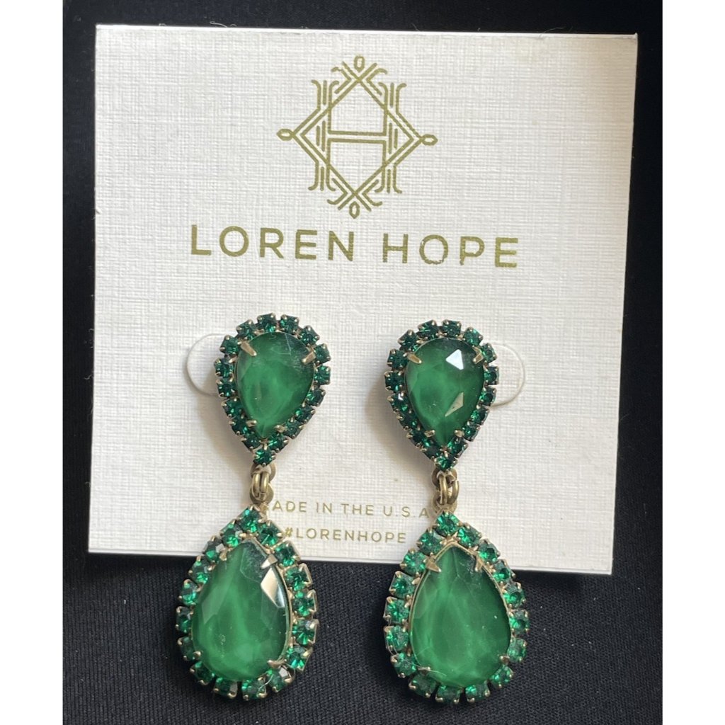 Retired Loren Hope Green Glass Rhinestone Dangle Earrings Pierced On Card Signed